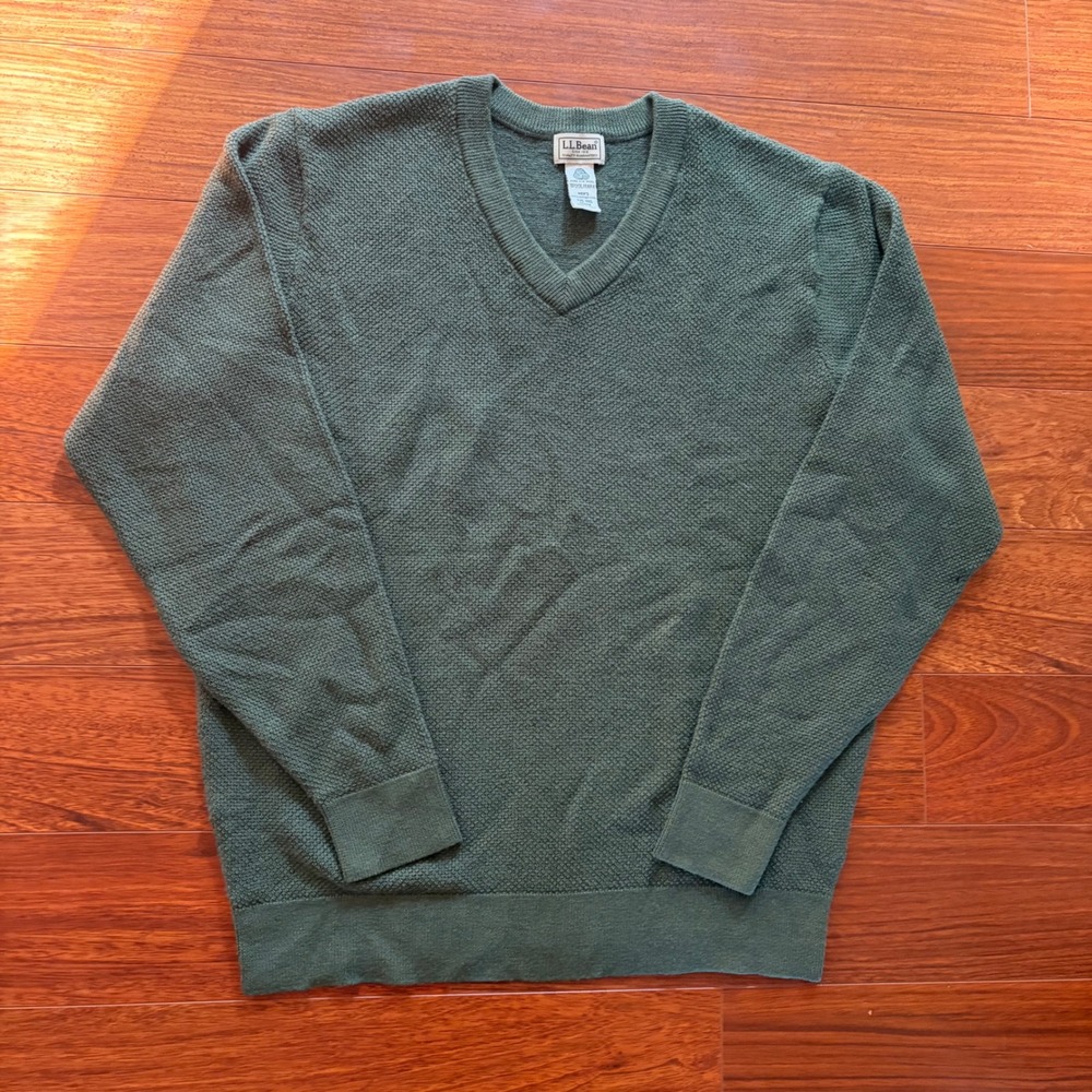 LL Bean Mens Green 100% Merino Wool V-Neck Waffle Knit Pullover Sweater XXL-REG